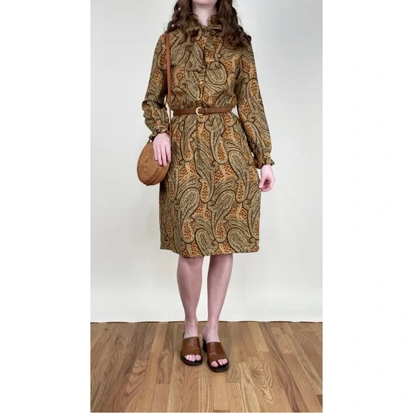 Vintage 60s French Ruffle Midi Dress Animal Print Cottagecore Bohemian Academia - Picture 4 of 8